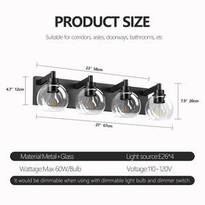 English Elm Industrial 4-Light Bathroom Vanity Light Matte Black with Clear Glass Globes, Modern Powder-Coated Fixture for Mirror Lighting (Bulbs Not Included) W1340P353040
