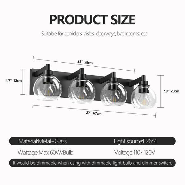 English Elm Industrial 4-Light Bathroom Vanity Light Matte Black with Clear Glass Globes, Modern Powder-Coated Fixture for Mirror Lighting (Bulbs Not Included) W1340P353040