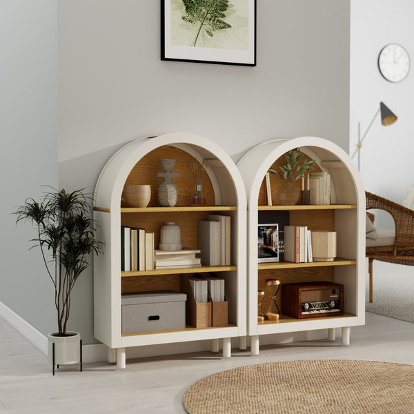 English Elm Arched Bookcase Set of 2 Three Tier Mdf Shelving with Warm Woodgrain Accent W2557P475972