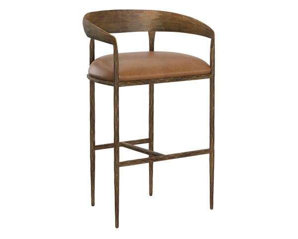 Sunpan Zanatta Stylish Barstool with Antique Brass Frame and Unique Hammered Metal Detailing for Any Space Tan Leather