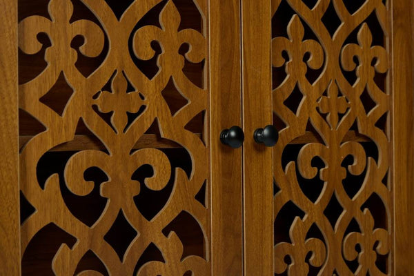 English Elm Hand-carved Solid Wood Tall Narrow Cabinet with Floral Arched Doors and Open Shelving W3123P485765