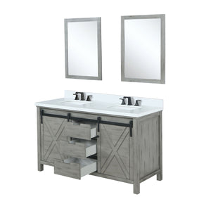 English Elm Ash Grey Double Bath Vanity With White Quartz Top, Matte Black Faucet, & 24" Mirrors - Stylish Storage B2731S01072