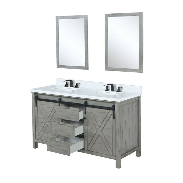 English Elm Ash Grey Double Bath Vanity With White Quartz Top, Matte Black Faucet, & 24" Mirrors - Stylish Storage B2731S01072