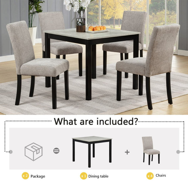 English Elm Elegant Square Acacia Wood Dining Set with Four Linen Upholstered Chairs Modern Style W1998S00090