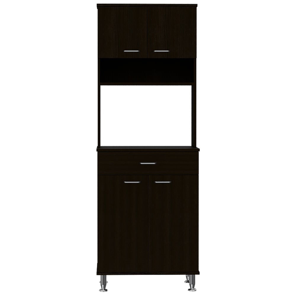 English Elm 1-Drawer Wenge Area Pantry Cabinet with 5 Shelves, 4 Doors, Mini Stove Space & Adjustable Metal Legs, Compact 66.5" Storage Solution B06280023