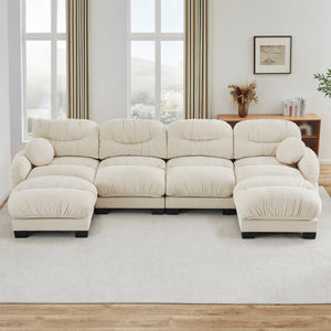 English Elm Pleated Chenille U-shape Modular Sectional Sofa with Ottomans and Ergonomic Foam Cushions Beige W5656S00045