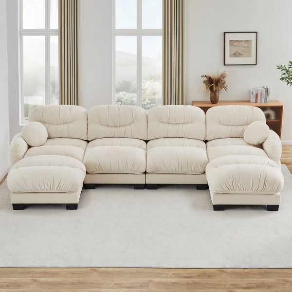 English Elm Pleated Chenille U-shape Modular Sectional Sofa with Ottomans and Ergonomic Foam Cushions Beige W5656S00045