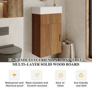 English Elm 16.5 Inch Floating Bathroom Vanity Wall Mounted Ceramic Basin Soft Close Door W3136S00033