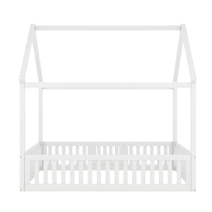 English Elm Full Full Size Wood House Bed with Roof, Fence & Working Door in Washed White Pine — Cozy Play Loft Retreat for Kids (78.1" L x 55.8" W x 77.2" H) WF531502AAK