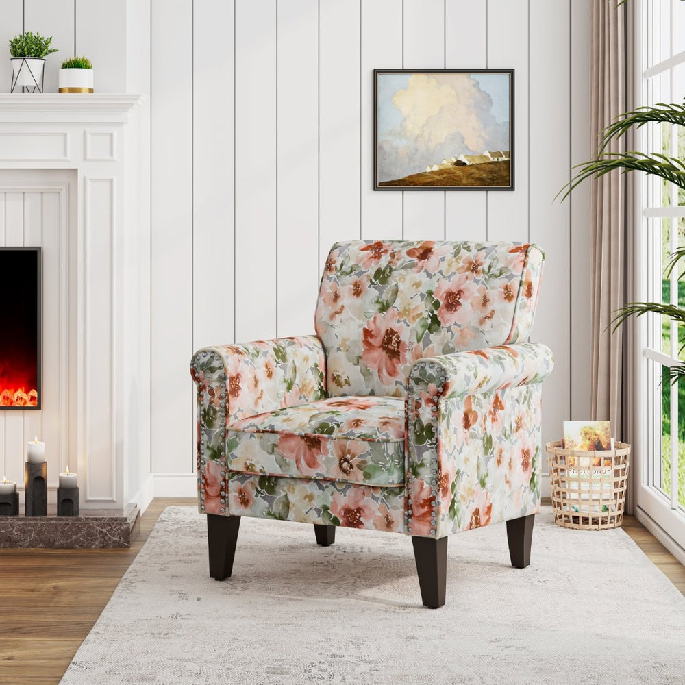 English Elm Barnet Floral Accent Armchair Nailhead Trim Solid Wood Legs Vintage Living Room B127P495063