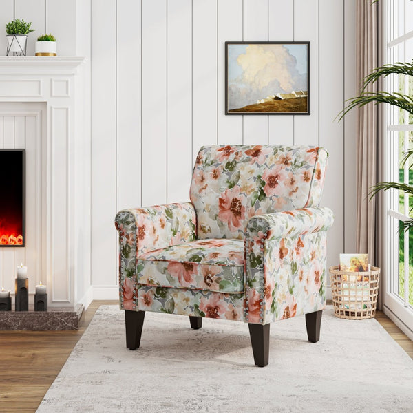 English Elm Barnet Floral Accent Armchair Nailhead Trim Solid Wood Legs Vintage Living Room B127P495063