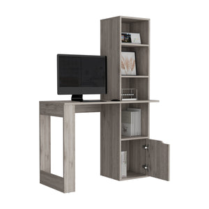 English Elm Oiwa Grey Computer Desk with 4-Tier Bookcase & Cabinet — Compact Engineered Wood Workspace, Storage B200P188857