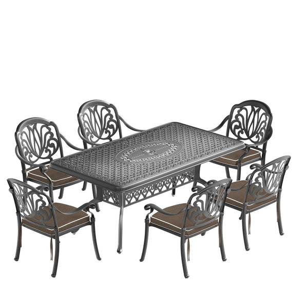 English Elm 7-Piece Cast Aluminum Patio Furniture Set With Black Frame & Brown Cushions For Stylish Outdoor Dining W1710S00494