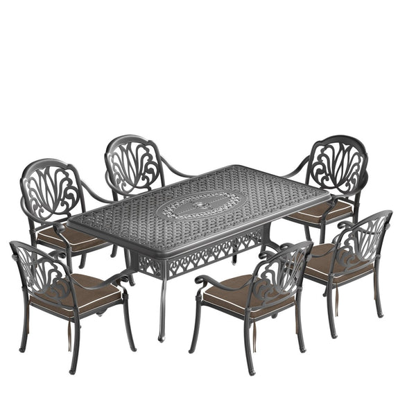 English Elm 7-piece Cast Aluminum Outdoor Dining Set Ornate Relief Patio Furniture with Cushions W1710S00590