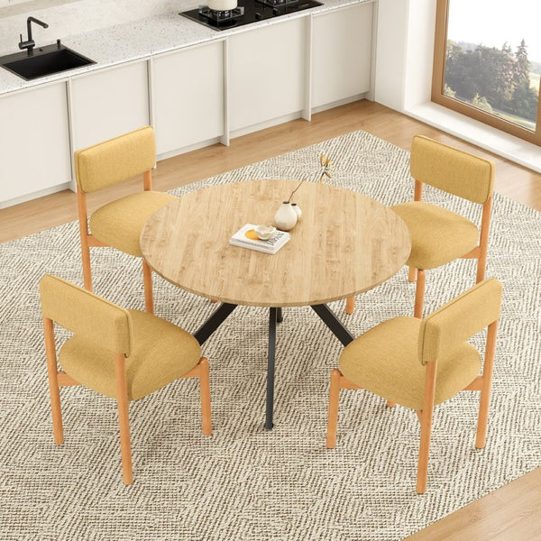 English Elm Modern Linen Upholstered Dining Chair Set Solid Wood Cross Base Removable Back Yellow T3623P466015
