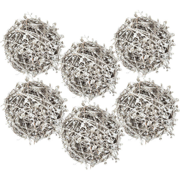 English Elm D4.5" Iced Leaf/Twig Ball Silver Hanging Ornaments Set of 4 — Natural Frosted Texture for Tree Decor Gifts W2078P262451
