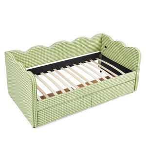 English Elm Twin Gingham Linen Daybed with Wave Silhouette Usb Port and Dual Storage Drawers Green W1413S00143