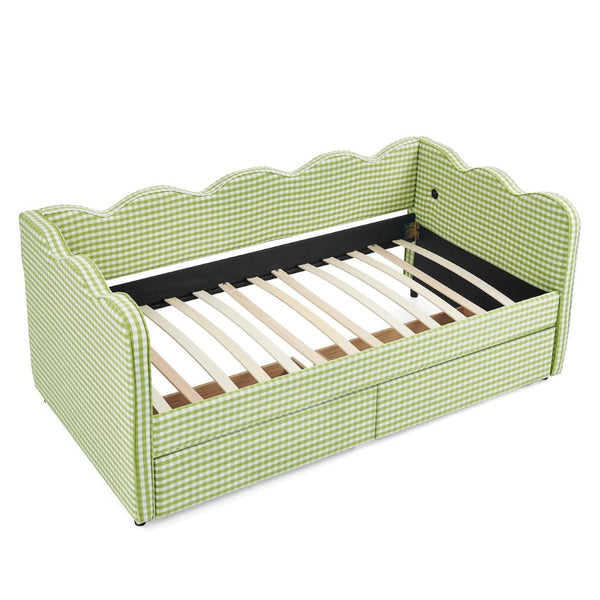 English Elm Twin Gingham Linen Daybed with Wave Silhouette Usb Port and Dual Storage Drawers Green W1413S00143