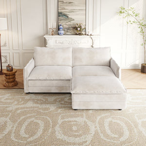 English Elm Corduroy 2-Seater L-Shaped Sectional Sofa With Ottoman & Cushions - Cozy Beige Living Room Comfort W834S00415