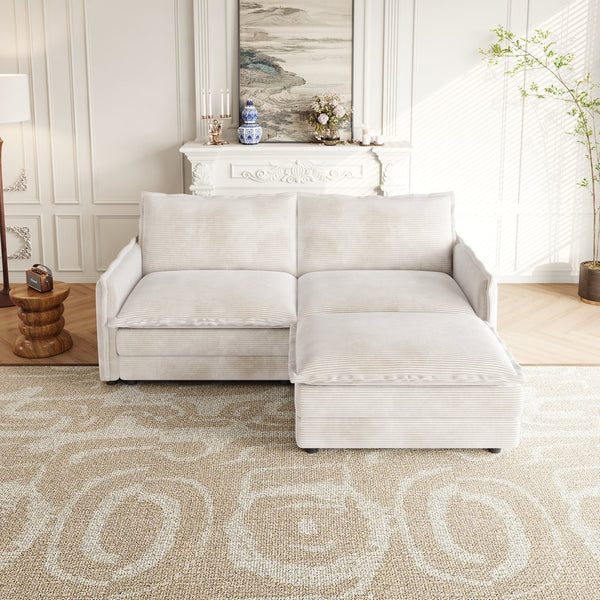 English Elm Corduroy 2-Seater L-Shaped Sectional Sofa With Ottoman & Cushions - Cozy Beige Living Room Comfort W834S00415
