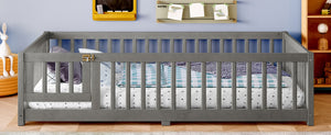 English Elm Twin Floor Bed Solid Pine Frame with Guardrails and Door for Safe Kid Sleep W1580P433578