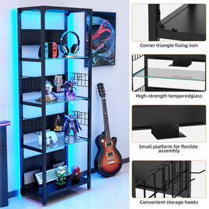 English Elm 4-tier Tempered Glass Steel Frame Display Shelf with Rgb Led Lighting for Collectibles W3190P371784