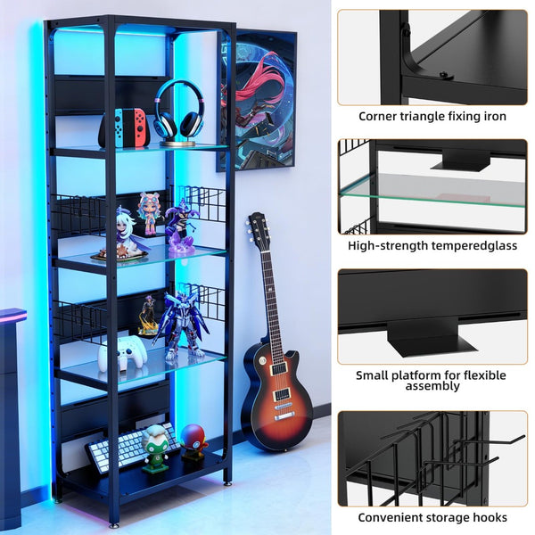 English Elm 4-tier Tempered Glass Steel Frame Display Shelf with Rgb Led Lighting for Collectibles W3190P371784