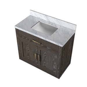 English Elm Brown Oak Single Bath Vanity With Carrara Marble Top - Elegant 36" W X 22" D Design, Ready To Install! B2731P257665