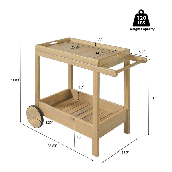 English Elm Saratoga Outdoor Acacia Wood Rolling Bar Cart with Two Tier Serving Shelves N775P403812B