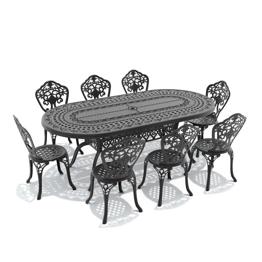 English Elm 9-piece Cast Aluminum Outdoor Dining Set Carved Petal Motifs Black Powder Coat W1710S00533