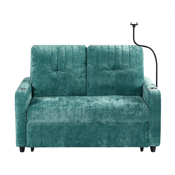English Elm 53.9" Modern Loveseat Pull-Out Sofa Bed with Adjustable Backrest, Cup Holders, USB Charging Ports & Storage Teal N719S001650T