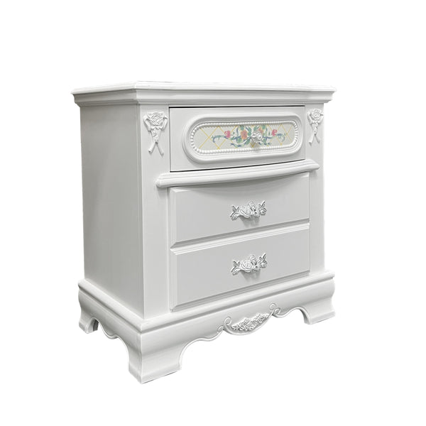 English Elm Traditional Nightstand with Floral Decals and Rope Moldings, Crown Molding Accent, Charming Princess Appeal White 19 L x 30 W x 28 H B2741P322305