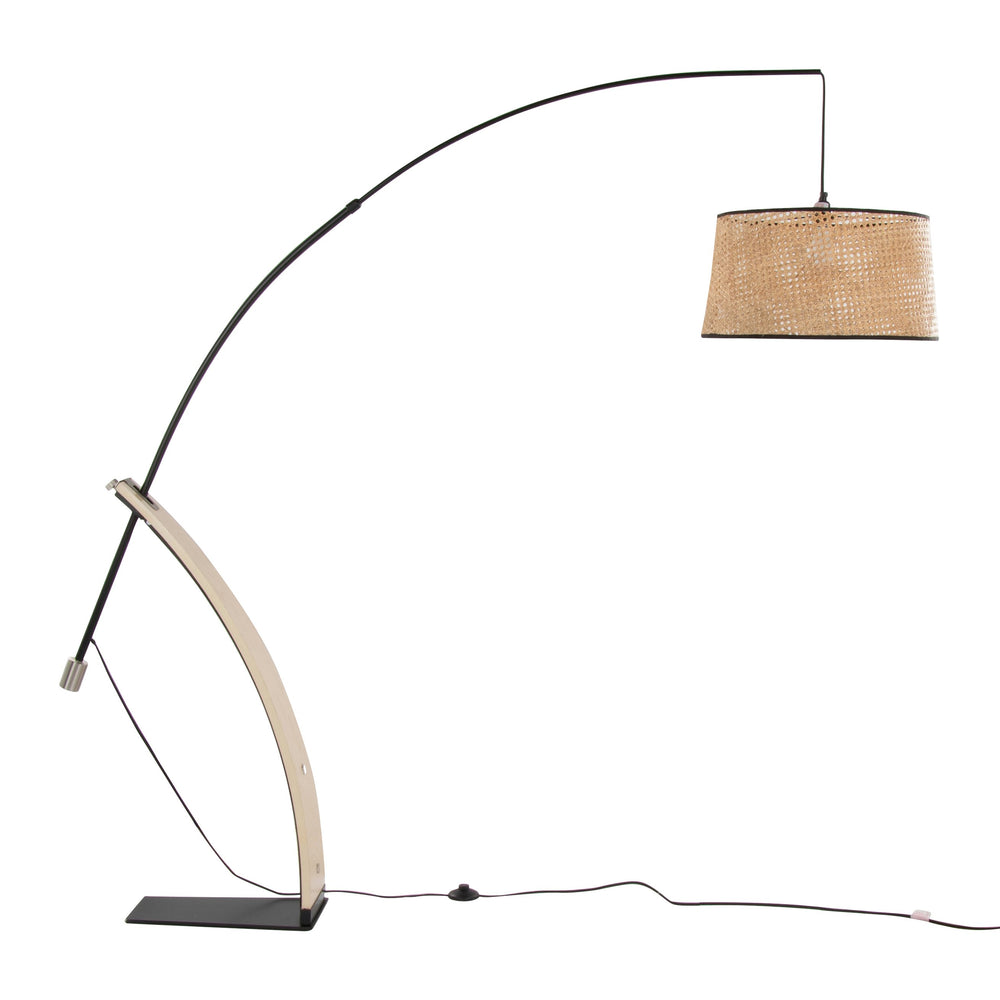 English Elm Robyn-Salon Mid-Century Floor Lamp with Bent Wood Accent, Arched Black Metal Neck & Rattan Shade B202S01382