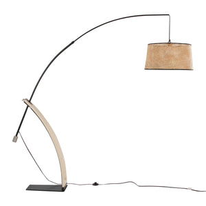 English Elm Robyn-Salon Mid-Century Floor Lamp with Bent Wood Accent, Arched Black Metal Neck & Rattan Shade B202S01382