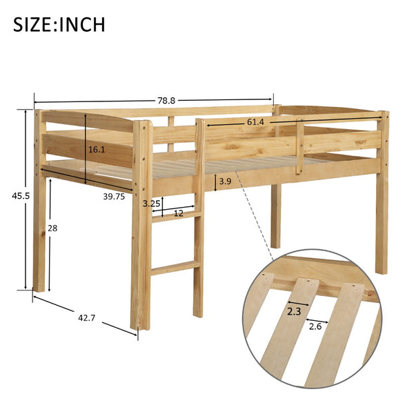 English Elm Twin Low Loft Bed Solid Pine Frame with Walnut Finish and Open Floor Space Below N708P340482D