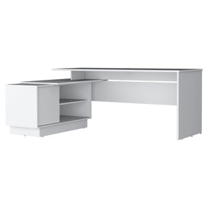 English Elm Weir L-Shaped Desk in Melamine White with Storage Cabinet & Shelves for Modern Compact Offices B128S00014