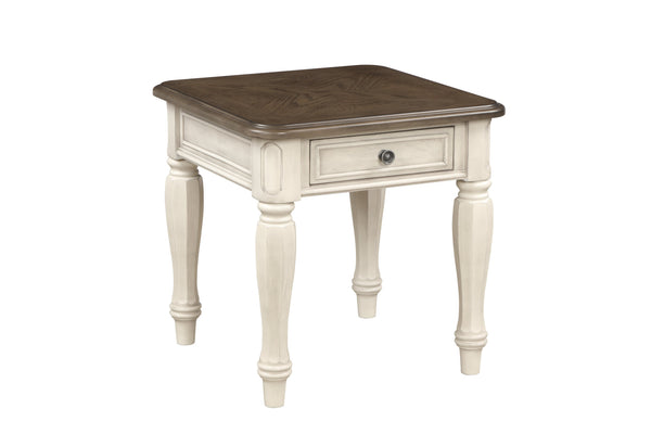 English Elm Antique Two-Tone End Table with Drawer Storage, Solid Wood & MDF Construction, Classic Design Appeal Antique White 27.75 L x 28 W x 11.75 H B2699P207128