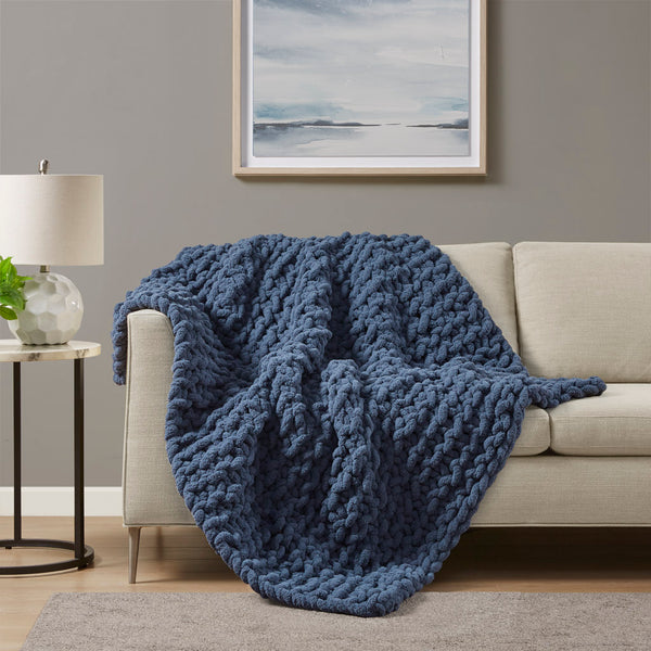 Madison Park Chenille Chunky Knit Casual Throw MP50-8238 Navy Blue