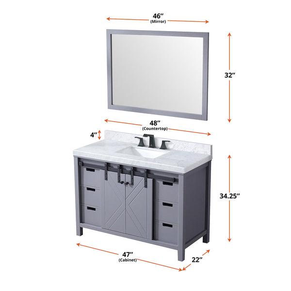 English Elm Dark Grey Bath Vanity Set With Carrara Marble Countertop, Matte Black Faucet & 44" Mirror Ensemble B2731S01278