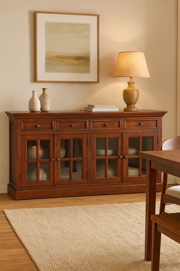 English Elm Solid Wood Large Cherry Glazed Sideboard With 4 Drawers & 2 Doors - Elegant Storage Solution, Chestnut Finish B182P280788-GIGA