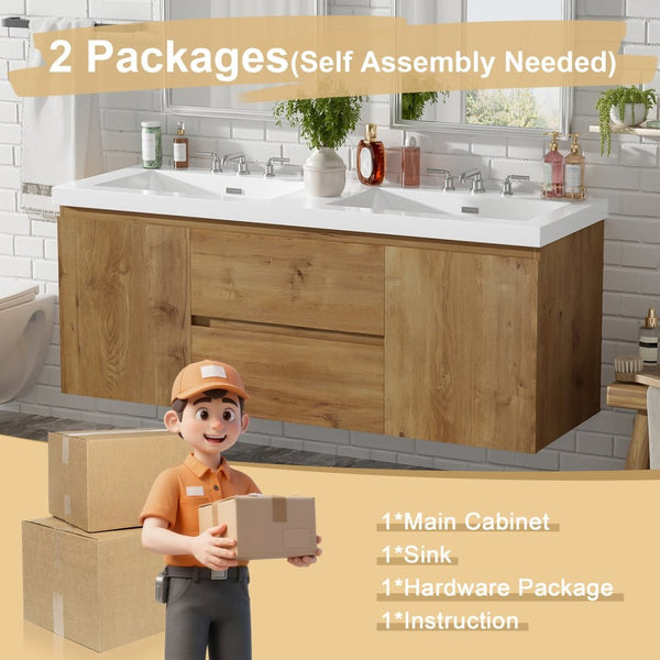 English Elm [video]59.3 Inch Wall Mounted Double Sink Vanity Wood Grain Mdf Soft Close Storage N729P000026N