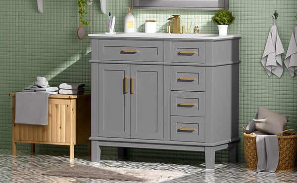 English Elm 36" Gray Modern Bathroom Vanity with Ceramic Sink, Solid Wood Frame, Soft-Close Doors & 4 Drawers N729P253935E