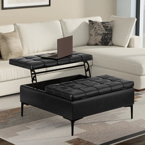 English Elm Laura Lift Top Storage Ottoman with Tufted Vegan Leather, Split Lift-Top, Dual Compartments for Living Room Seating Table Black B136P252711