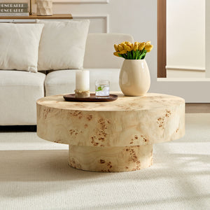 English Elm 31.49''Mid Century Modern Round Burl Coffee Table with Sturdy Pedestal, Compact 31.49" Table for Apartments W876P279838