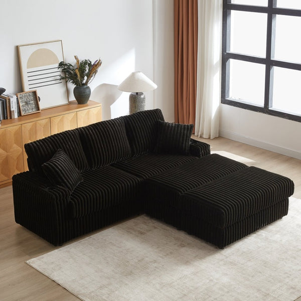 English Elm 84inch Corduroy Deep Seat Three Person Sofa with Storage Ottomans for Living Room Black W834S00566