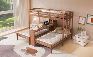 English Elm Twin Triple Bunk Bed with Built in Desk Open Shelving and Led Task Lighting Natural N7090002243N