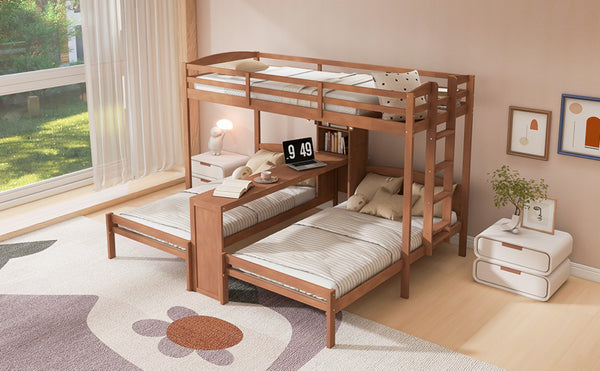 English Elm Twin Triple Bunk Bed with Built in Desk Open Shelving and Led Task Lighting Natural N7090002243N