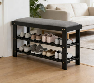 English Elm Entryway Bamboo Shoe Storage Bench with Padded Seat and Two Tier Slatted Shelf T3971P430917