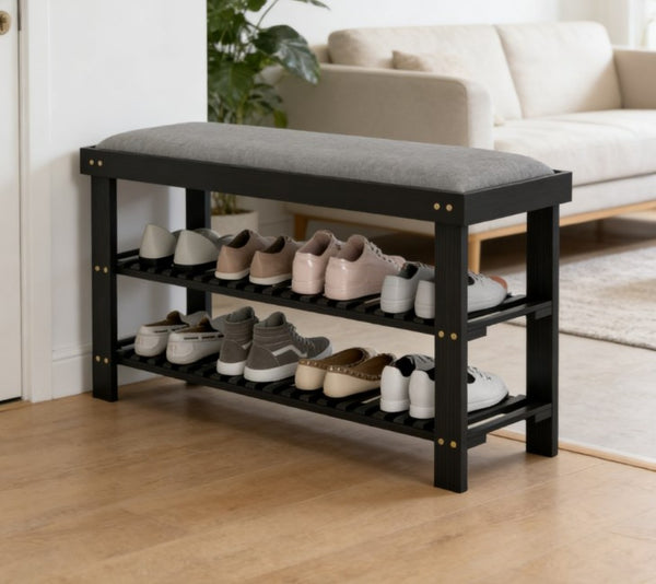 English Elm Entryway Bamboo Shoe Storage Bench with Padded Seat and Two Tier Slatted Shelf T3971P430917