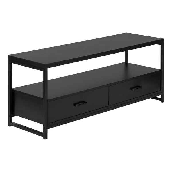 English Elm Tv Stand 48 Inch Media Console with Two Drawers Black Laminate Metal Modern B2710P219151